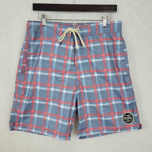 Ocean & Earth Swim Trunks Mens L Blue Red Plaid Lace Up Fly Netted Surf Beach - Picture 1 of 10